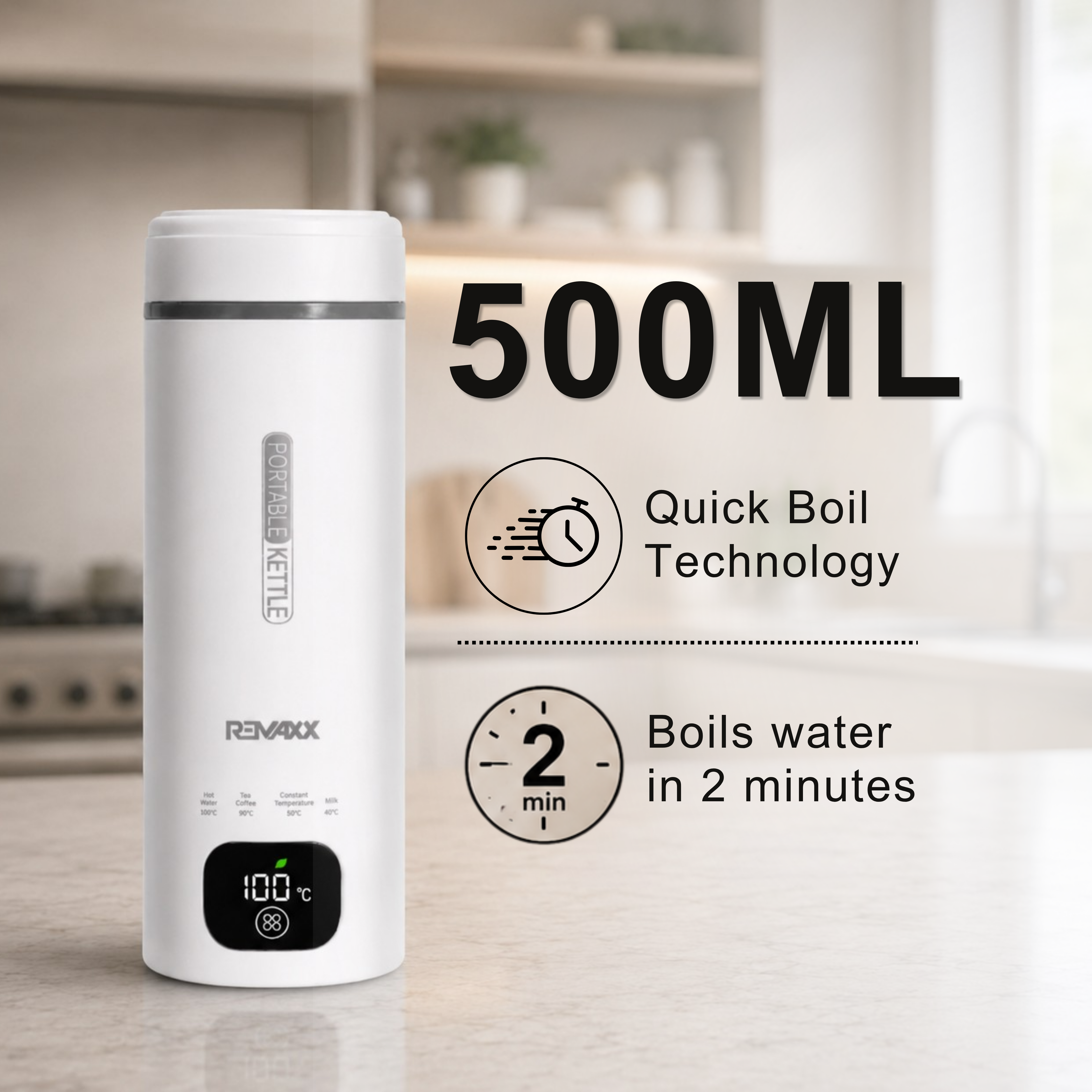 Remaxx Thermo X 2.0 Portable Electric Kettle 500ml | Quick Boil | Auto Shut-off | Multi-level temperature control | Stay Warm Function | Auto Shut Off & Dry Boil Protection | Kettle for Office & Home