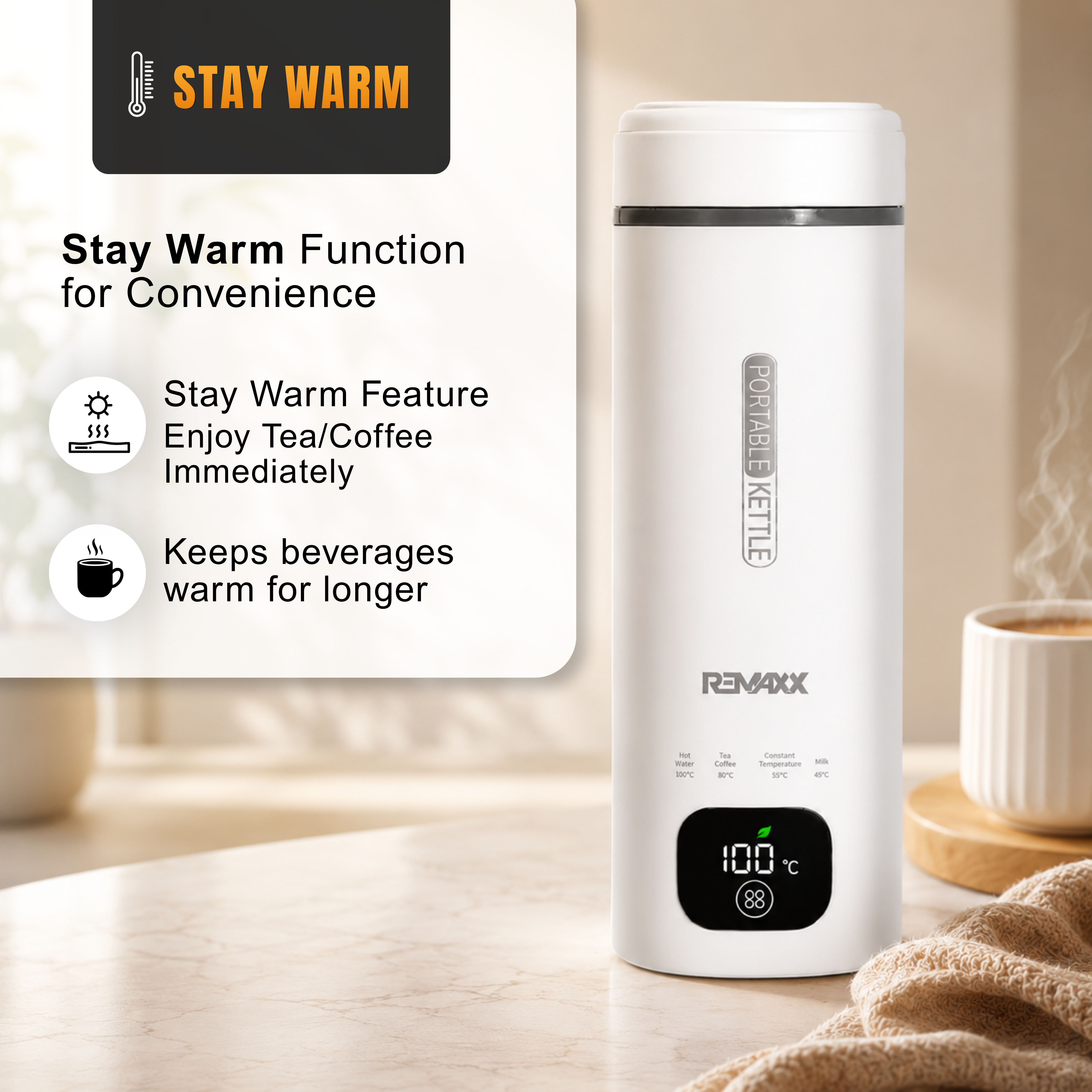 Remaxx Thermo X 2.0 Portable Electric Kettle 500ml | Quick Boil | Auto Shut-off | Multi-level temperature control | Stay Warm Function | Auto Shut Off & Dry Boil Protection | Kettle for Office & Home