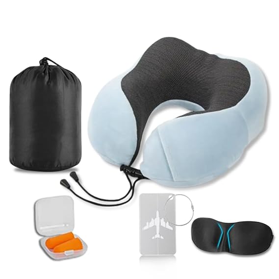 REMAXX Memory Foam Travel Neck Pillow with Bag Tag (Light blue)