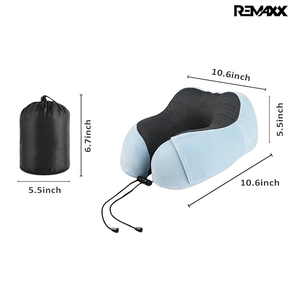 REMAXX Memory Foam Travel Neck Pillow with Bag Tag (Light blue)