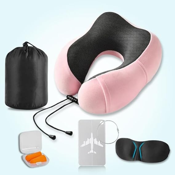 REMAXX Memory Foam Travel Neck Pillow with Bag Tag (Pink)