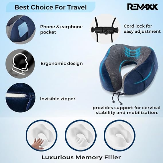 REMAXX Memory Foam Travel Neck Pillow with Bag Tag (Blue)