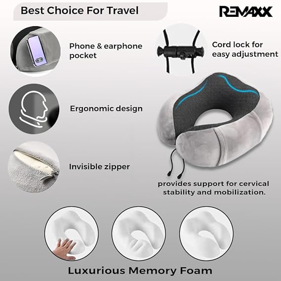 REMAXX Memory Foam Travel Neck Pillow with Bag Tag (grey)