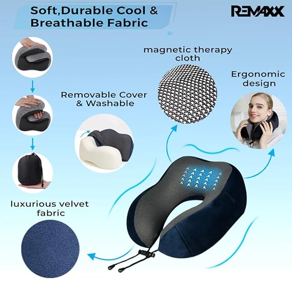 REMAXX Memory Foam Travel Neck Pillow with Bag Tag (Blue)