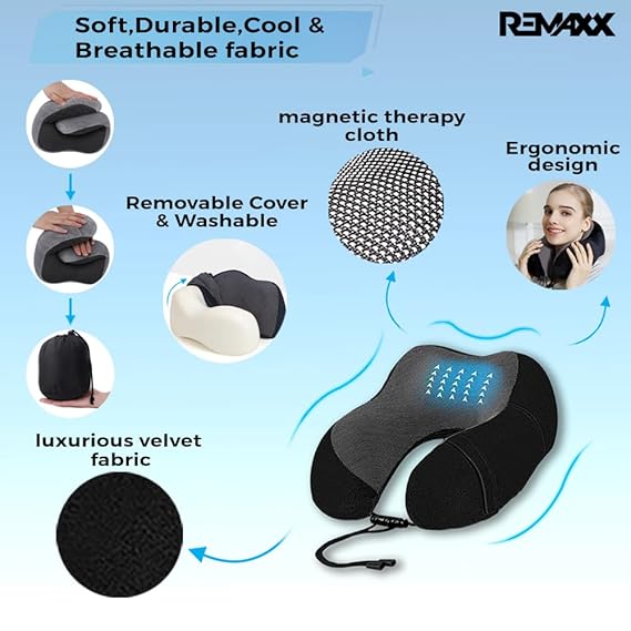 REMAXX Memory Foam Travel Neck Pillow with Bag Tag (Black)