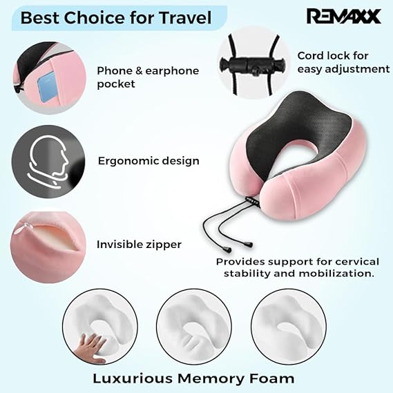 REMAXX Memory Foam Travel Neck Pillow with Bag Tag (Pink)