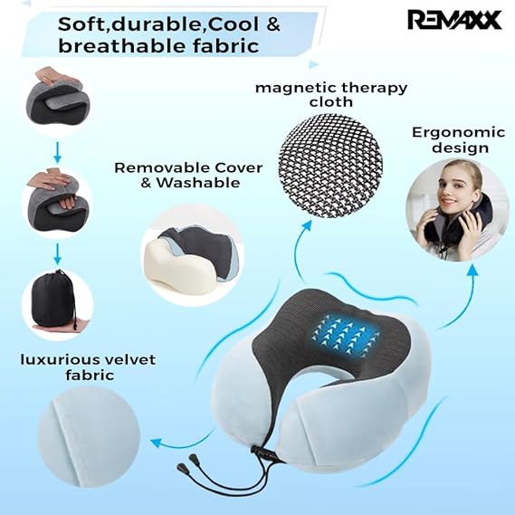 REMAXX Memory Foam Travel Neck Pillow with Bag Tag (Light blue)