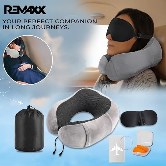 REMAXX Memory Foam Travel Neck Pillow with Bag Tag (grey)