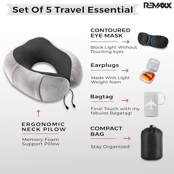 REMAXX Memory Foam Travel Neck Pillow with Bag Tag (grey)