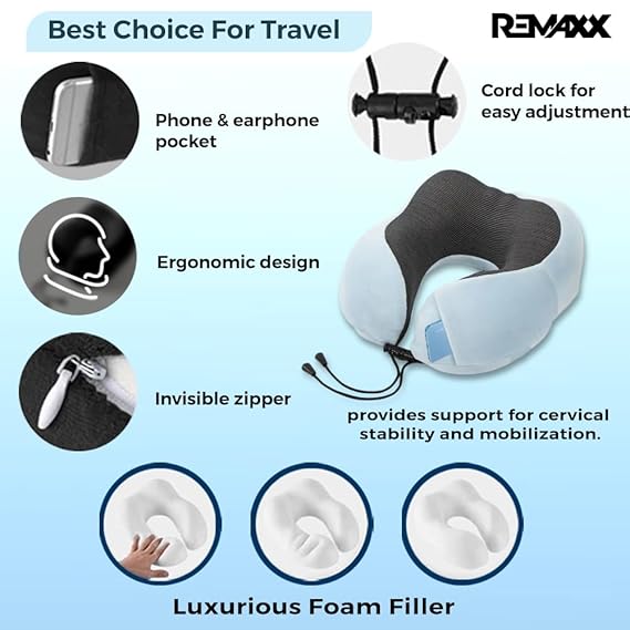 REMAXX Memory Foam Travel Neck Pillow with Bag Tag (Light blue)