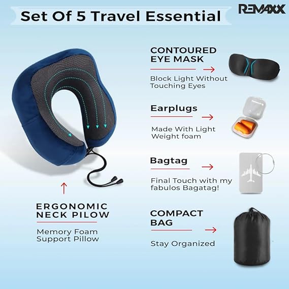 REMAXX Memory Foam Travel Neck Pillow with Bag Tag (Blue)