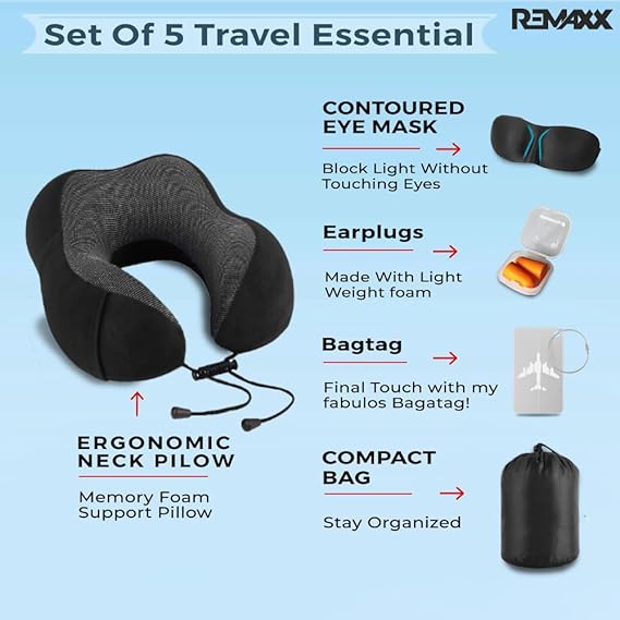 REMAXX Memory Foam Travel Neck Pillow with Bag Tag (Black)