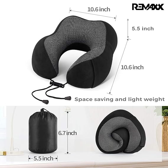 REMAXX Memory Foam Travel Neck Pillow with Bag Tag (Black)