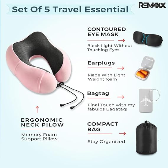 REMAXX Memory Foam Travel Neck Pillow with Bag Tag (Pink)