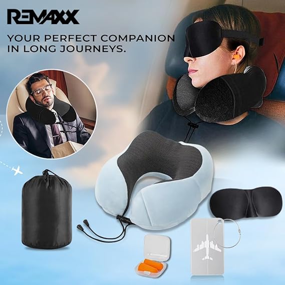 REMAXX Memory Foam Travel Neck Pillow with Bag Tag (Light blue)