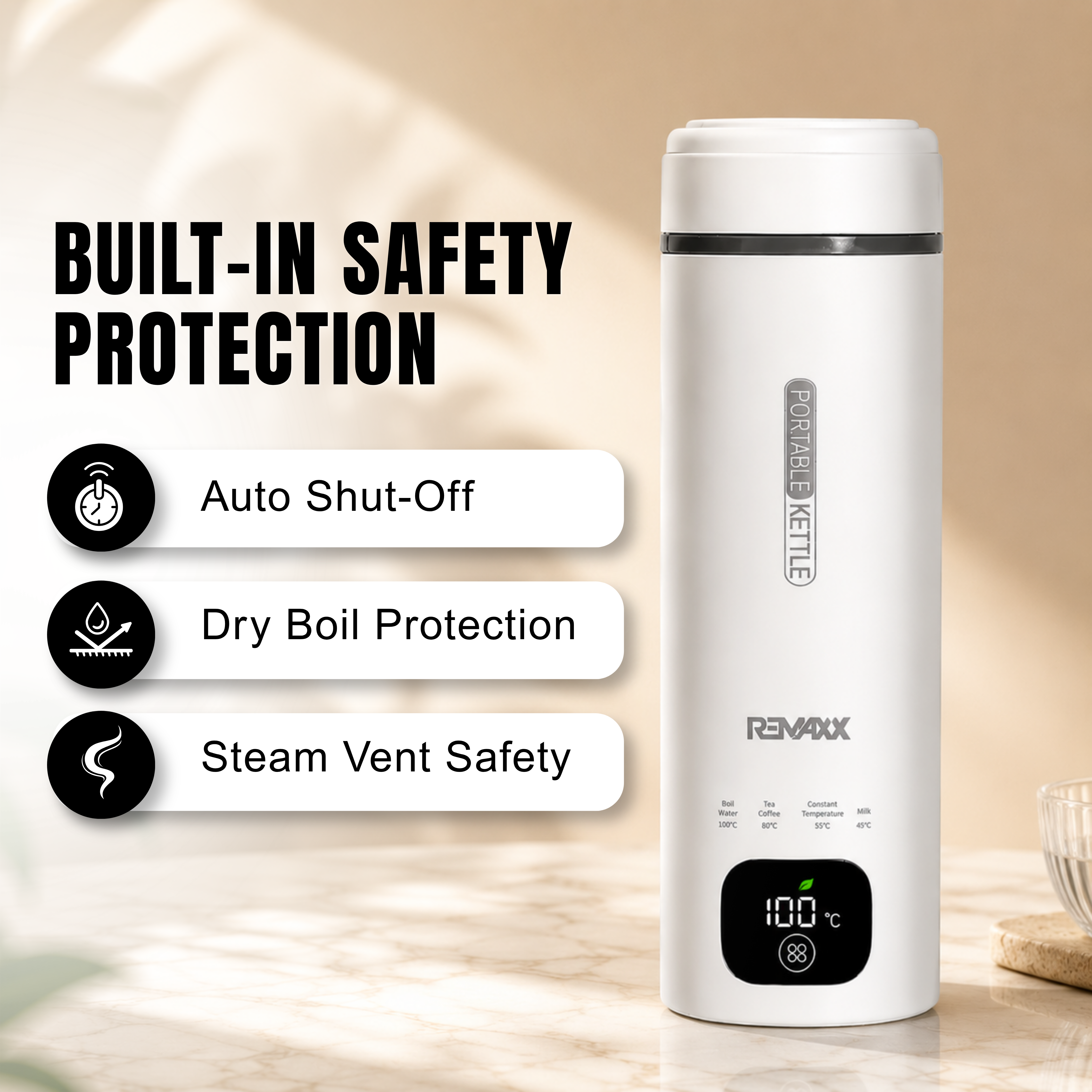 Remaxx Thermo X 2.0 Portable Electric Kettle 500ml | Quick Boil | Auto Shut-off | Multi-level temperature control | Stay Warm Function | Auto Shut Off & Dry Boil Protection | Kettle for Office & Home