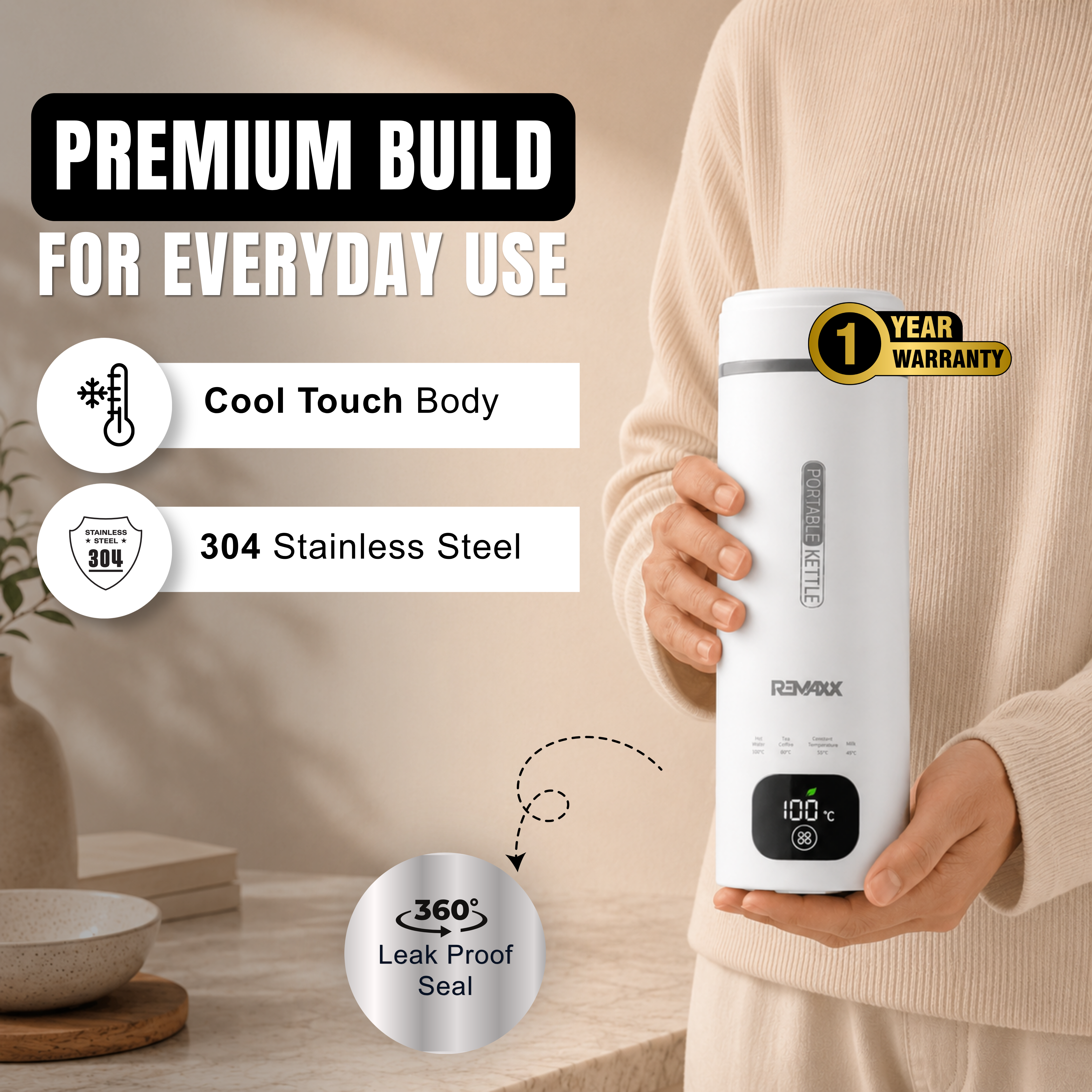 Remaxx Thermo X 2.0 Portable Electric Kettle 500ml | Quick Boil | Auto Shut-off | Multi-level temperature control | Stay Warm Function | Auto Shut Off & Dry Boil Protection | Kettle for Office & Home